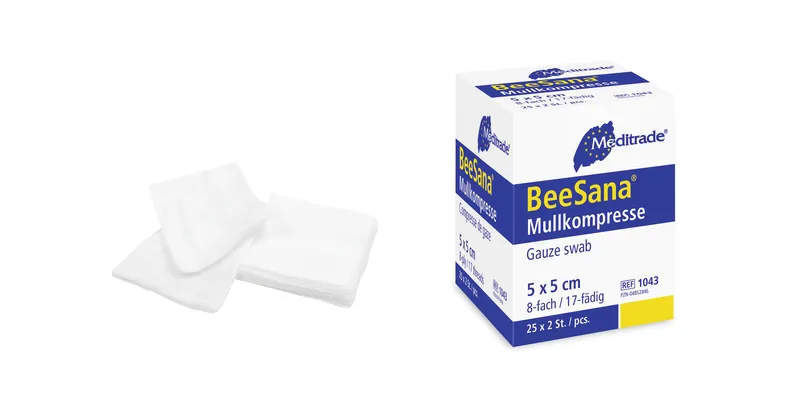 BeeSana® Mullkompresse, ohne RöKo, steril, 8-fach, 5 x 5 cm, 25 x 2 Stk