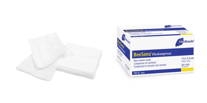 BeeSana® Vlieskompresse, unsteril, 4-fach, 40 g, 7,5 x 7,5 cm