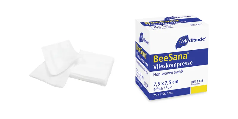 BeeSana® Vlieskompresse, steril, 4-fach, 30 g, 7,5 x 7,5 cm, 2 Stk