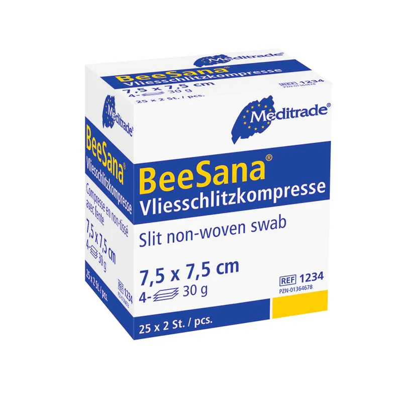 BeeSana® Vliesschlitzkompresse, steril, 4-fach, 30 g, 7,5 x 7,5 cm, 2 Stk