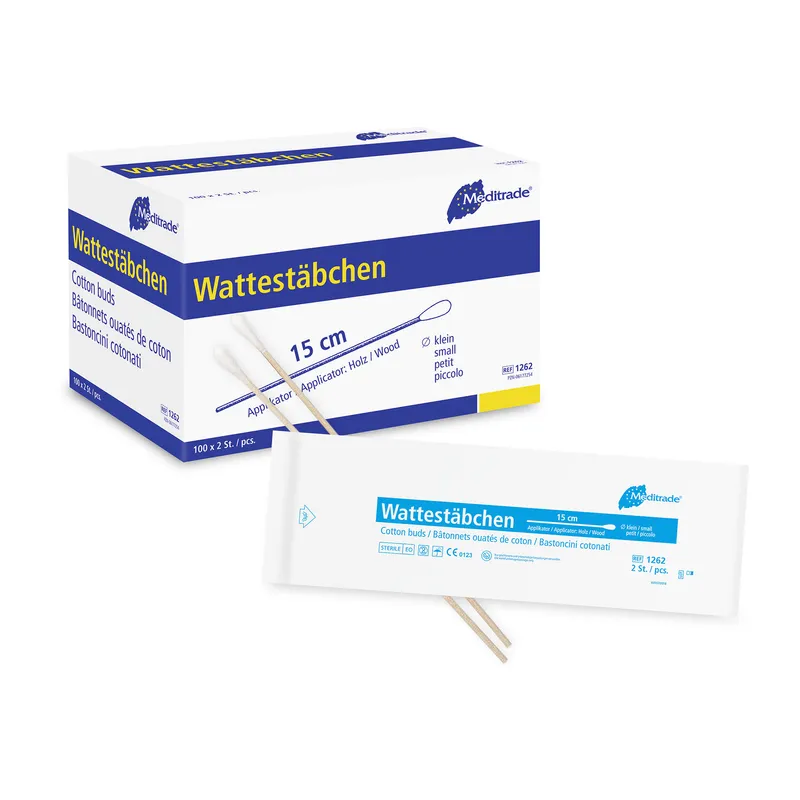 Wattestäbchen zu 2 Stk steril verpackt, Länge: 15 cm, kleiner Kopf, Holz