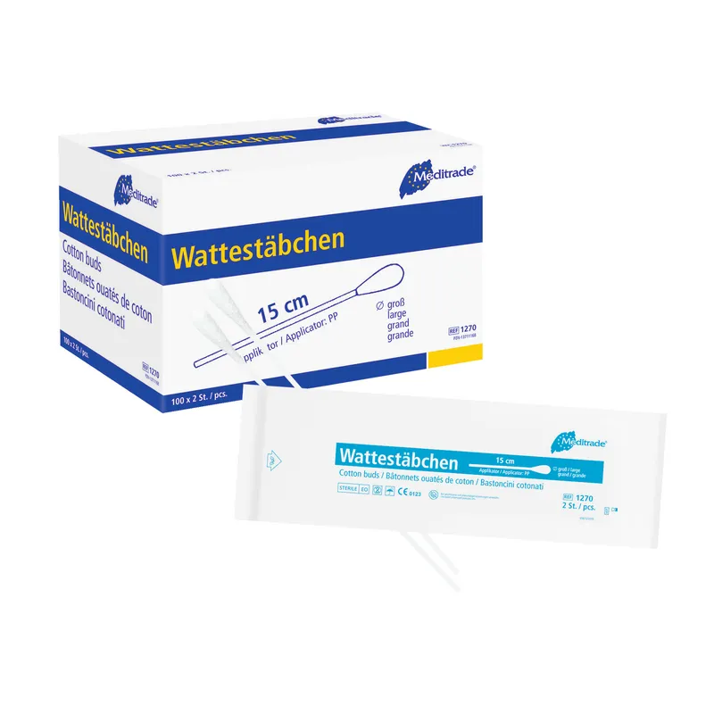 Wattestäbchen zu 2 Stk steril verpackt, Länge: 15 cm, großer Kopf, Kunststoff