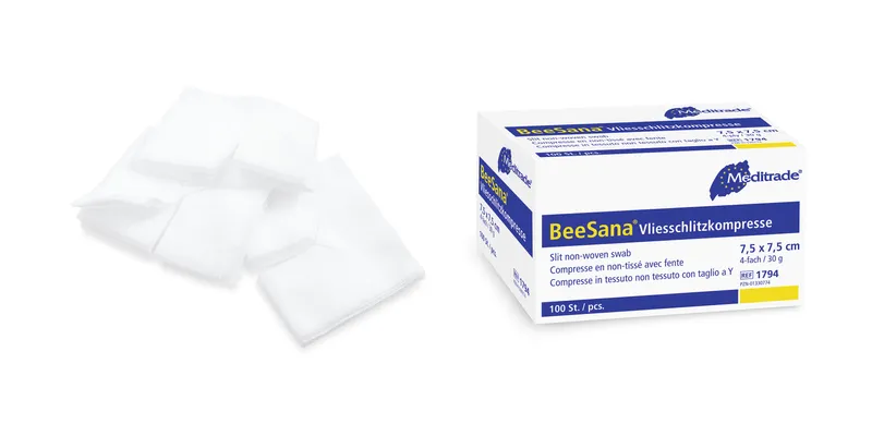 BeeSana® Vliesschlitzkompresse, unsteril, 4-fach, 30 g, 7,5 x 7,5 cm