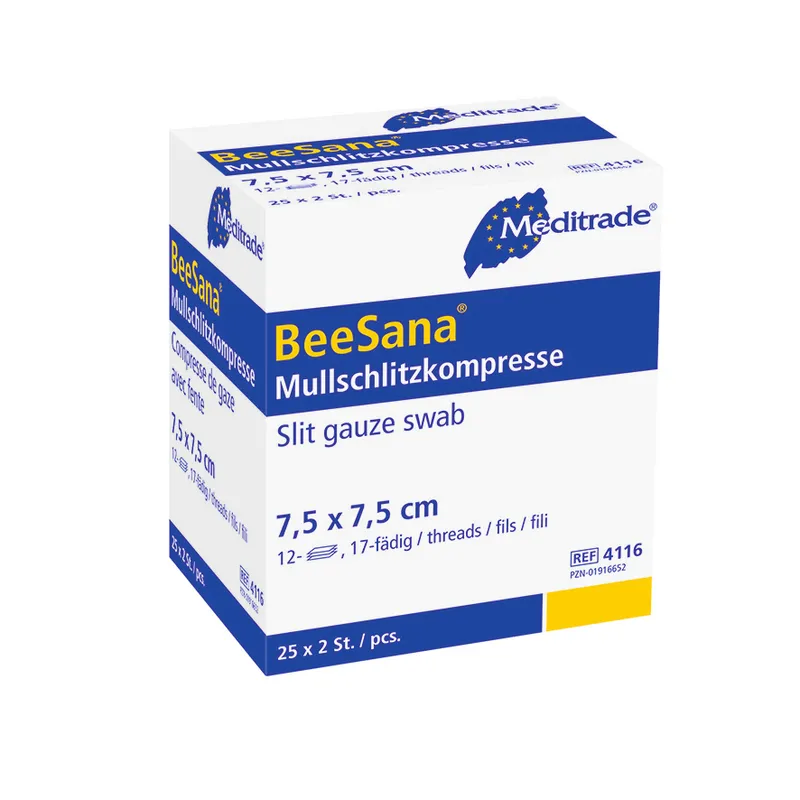 BeeSana® Mullschlitzkompresse, steril, 12-fach, 7,5 x 7,5 cm, 2 Stk