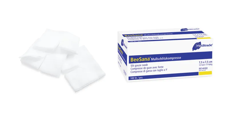 BeeSana® Mullschlitzkompresse, unsteril, 12-fach, 7,5 x 7,5 cm