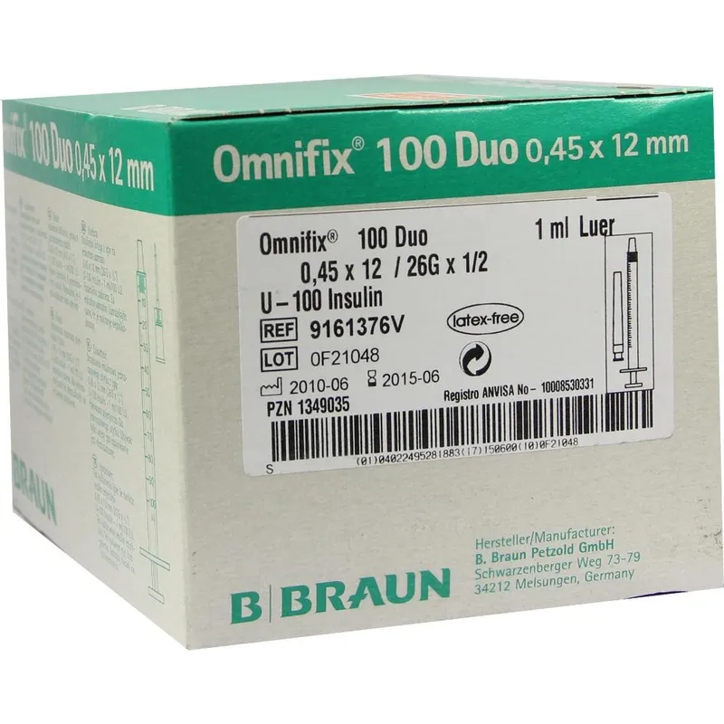 Omnifix 100 Duo Insulinspritzen 1 ml, m. beigel. Kanüle 0,45x12 mm (100 Stck.)