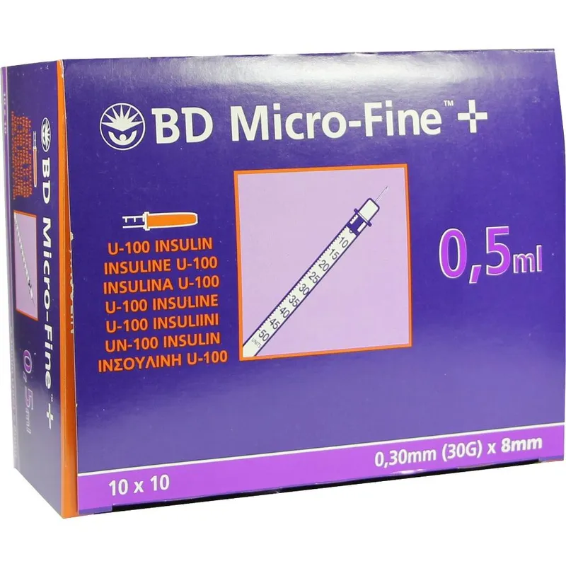 BD Micro-Fine+ Insulinspritzen 0,5 ml, U-100, m. Kanüle 0,30 x 8 mm (100 Stck.)