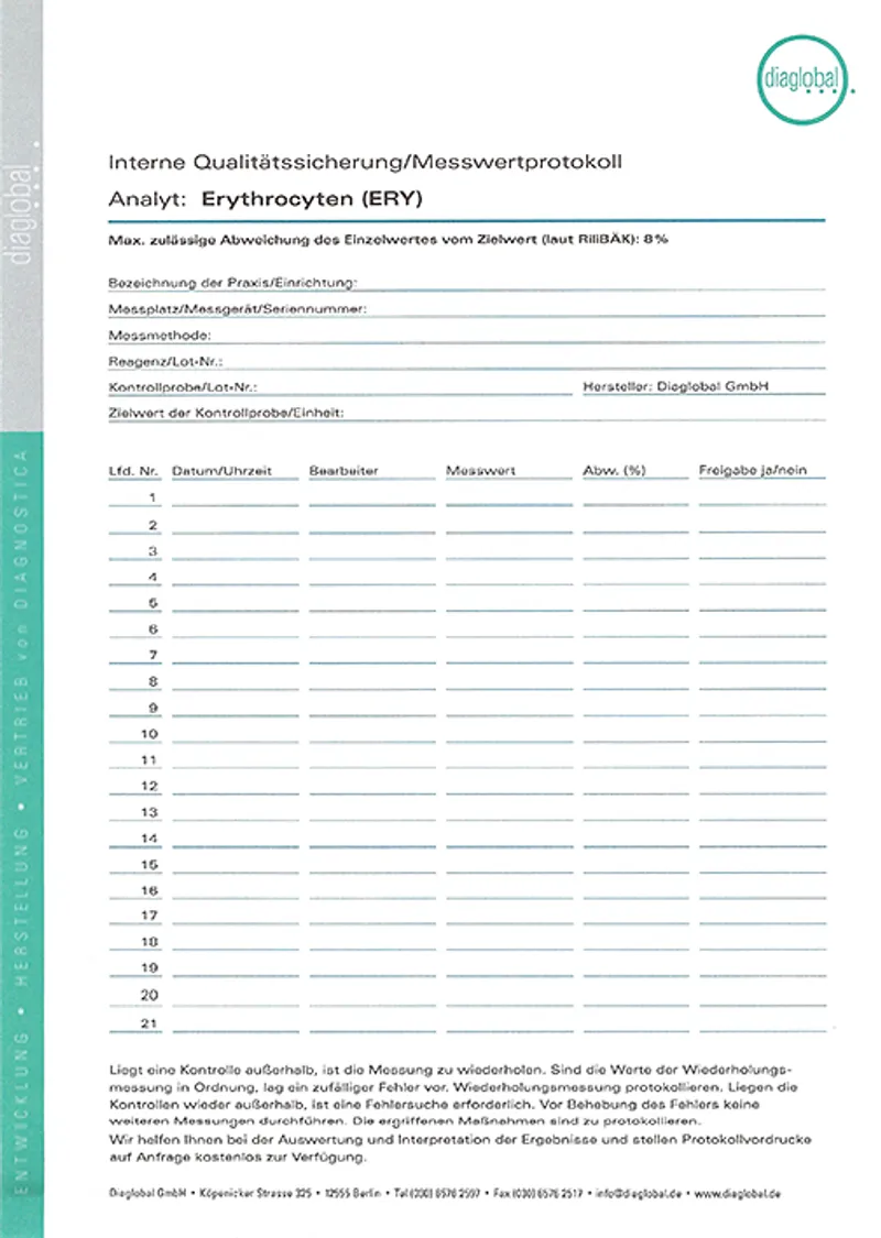 Protokollvordruck für Erythrocyten, -kostenlos-