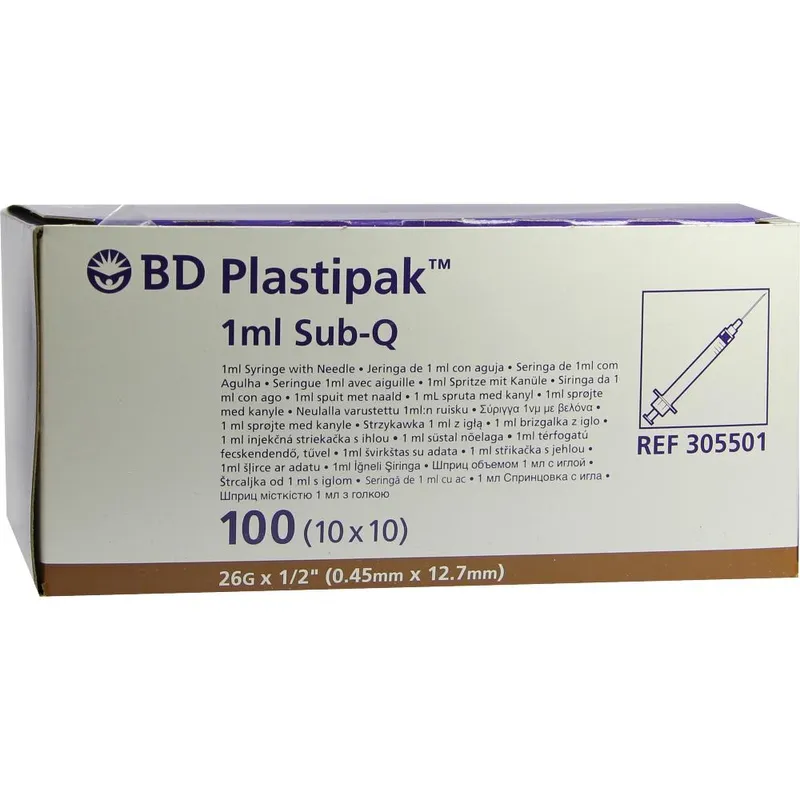 BD Plastipak Sub-Q Einmal-Spritze 1 ml, mit Kanüle 0,45 x 12,7 mm